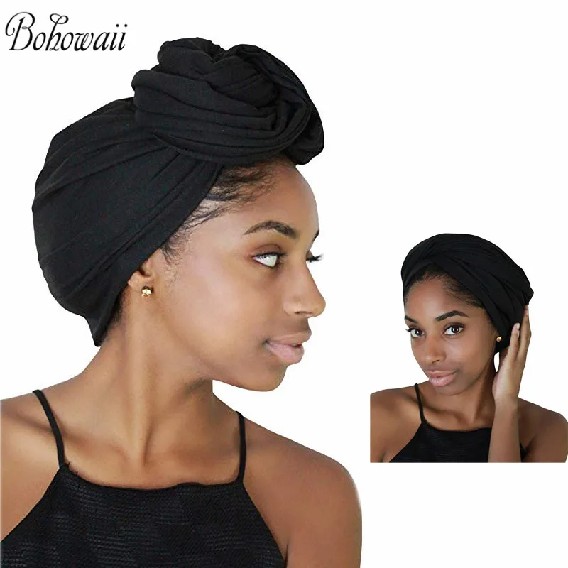 BOHOWAII Casual Jersey Turbante Solid Color Head Wrap -Stretch Long Hair Scarf Turban Tie Bonnet Hijab Scarves 180x80cm Tulband