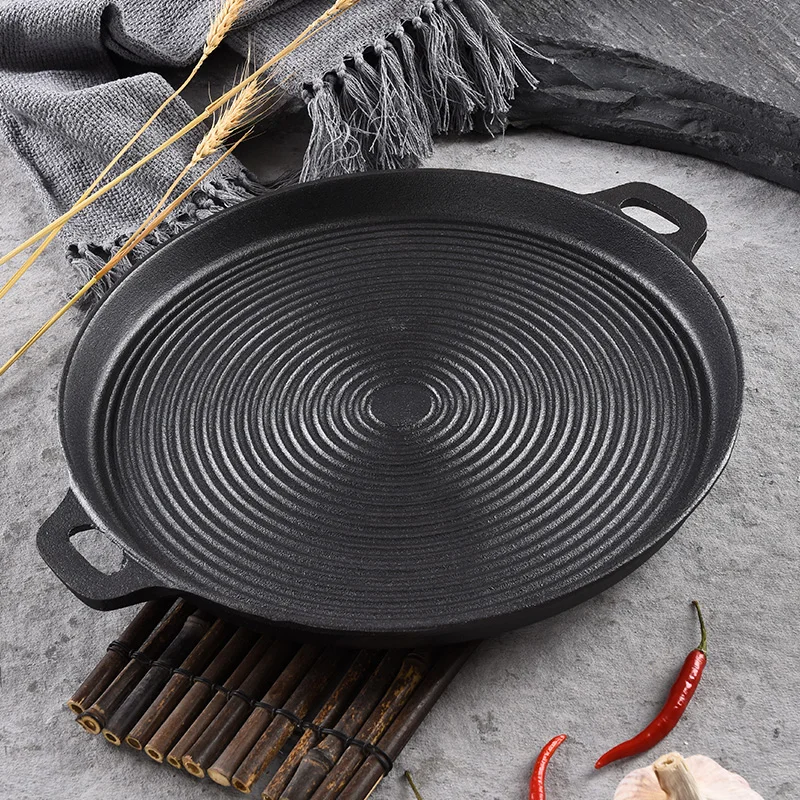 

Large cast iron thickened striped pancake grill BBQ plate household non stick uncoated frying pan outdoor barbecue baking tray