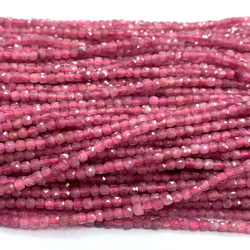 Veemake Pink Tourmaline Edge Cube Natural Stones Gemstones Necklace Bracelets Earrings Faceted Beads For Jewelry Making 06912