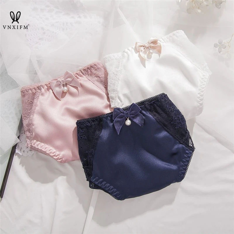 2023Pearl bow lace stitching women\'s panties, soft and shiny satin panties, transparent seamless cotton crotch underwear panties