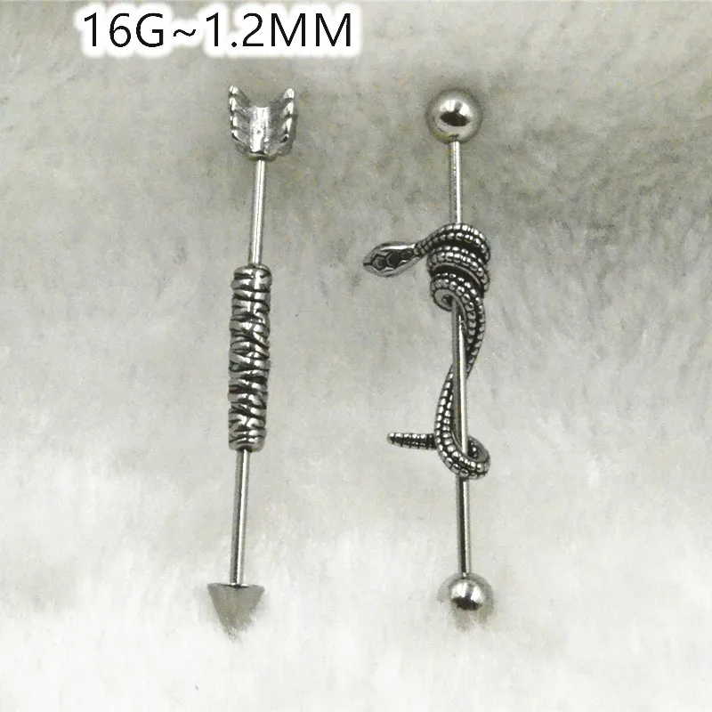 

Lot50pcs 16Gx38MM Arrow Snake Surgical Steel Industrial Ear Scaffold Barbells Cartilage Helix Bar Body Jewelry Piercing Earring