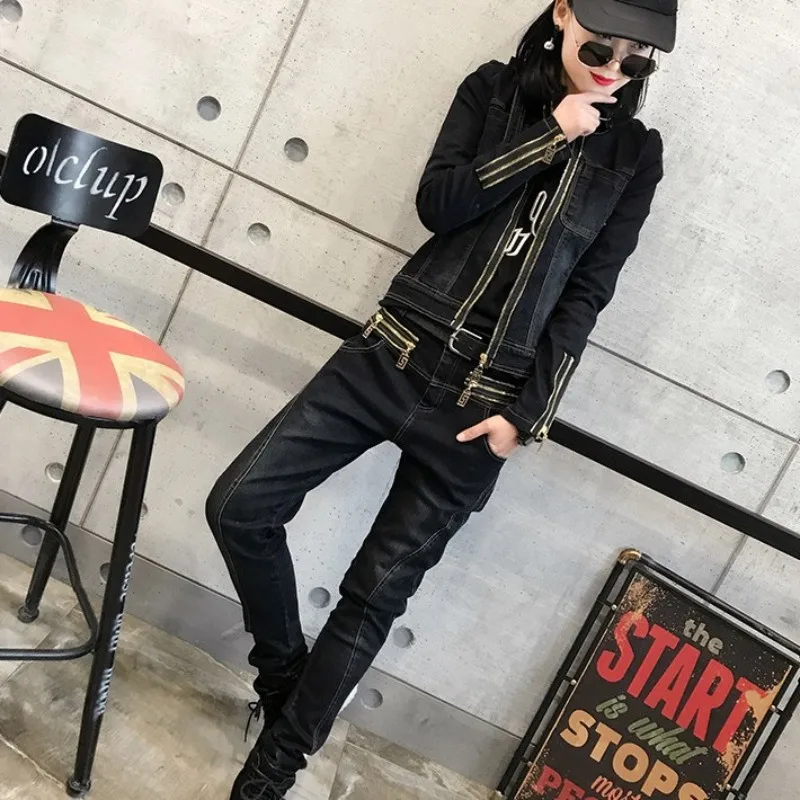 New Women Slim Fit Denim Two Piece Set Casual Zipper Jeans Jacket Matching Sets Moto Biker Outfits Boyfriend Conjuntos De Mujer