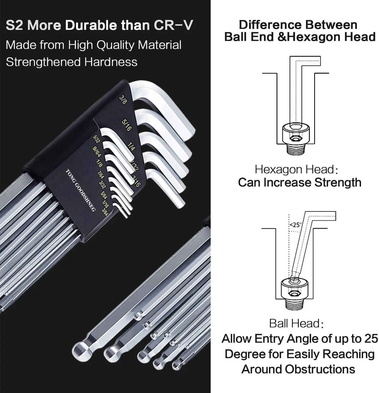 Industrial Grade Long Arm Hex Key Allen Wrench Set with Ball & Star End, Inch/Metric, S2 Tool Steel (HRC60±2),T-Handle 35-PCS