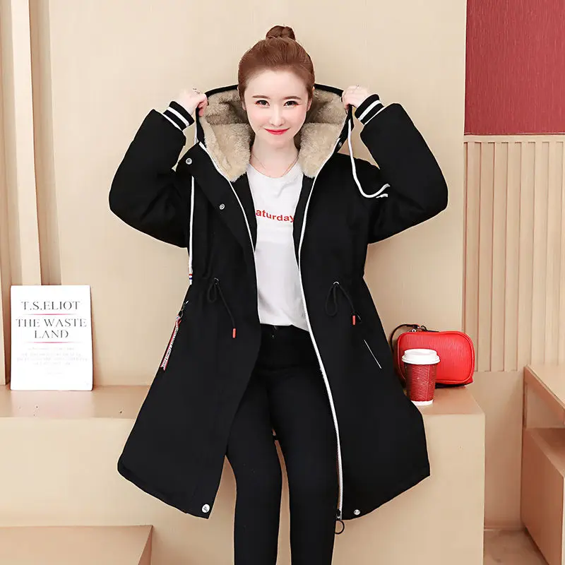 Padded Parkas Women\'s Cotton Jacket 2022Winter Coat Add Velvet Thick Hooded Jacket Ladies Lambswool Coat Women Parkas Black Y564