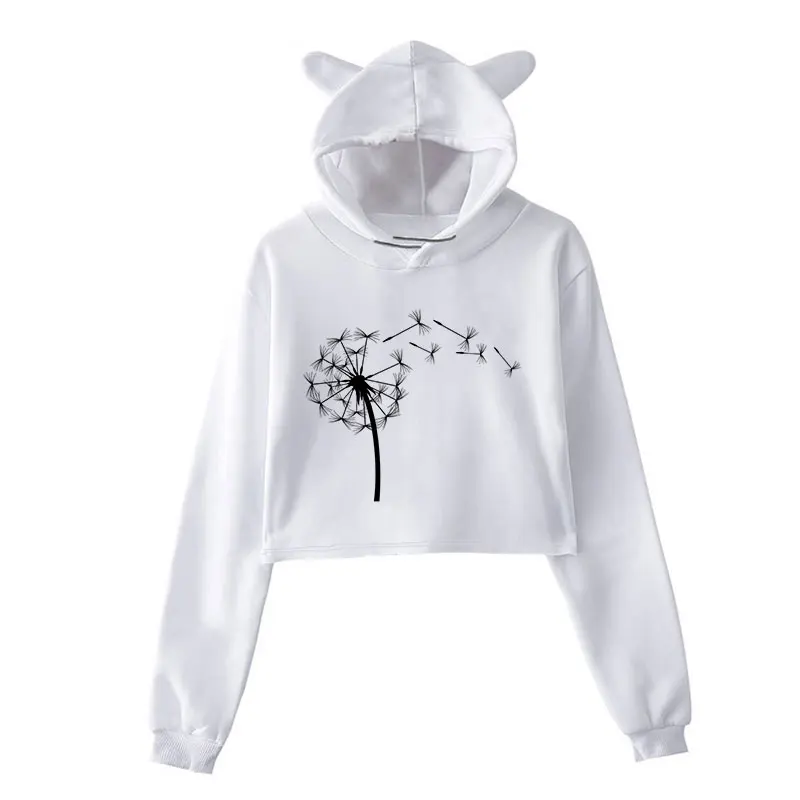 Wildflower Dandelion Print Women Hoodies Long Sleeve Sweatshirts Casual Hoodies Female Girl Pullovers Students Lady Cropped Tops