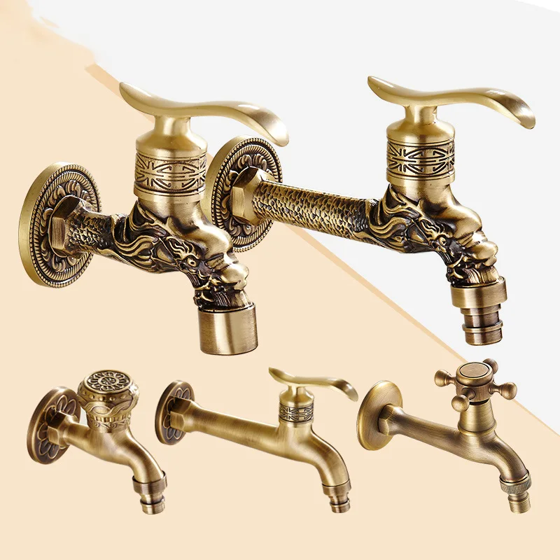 Antique Brass Dragon Carved Tap Faucet Garden Bibcock Washing Machine Faucet Outdoor Faucet Single Cold Tap 1016