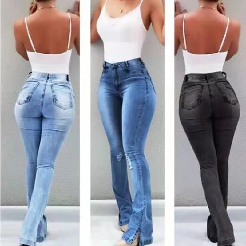 2021 New 6 Style Women's High Waist Flare Jeans Fashion Casual Lifting Butt Stretching Denim Wide Leg Pants S-2XL Drop shipping