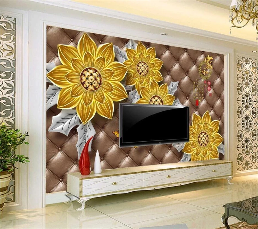 wellyu Custom wallpaper European 3d three-dimensional golden flower soft bag jewelry TV background wall bedroom decor