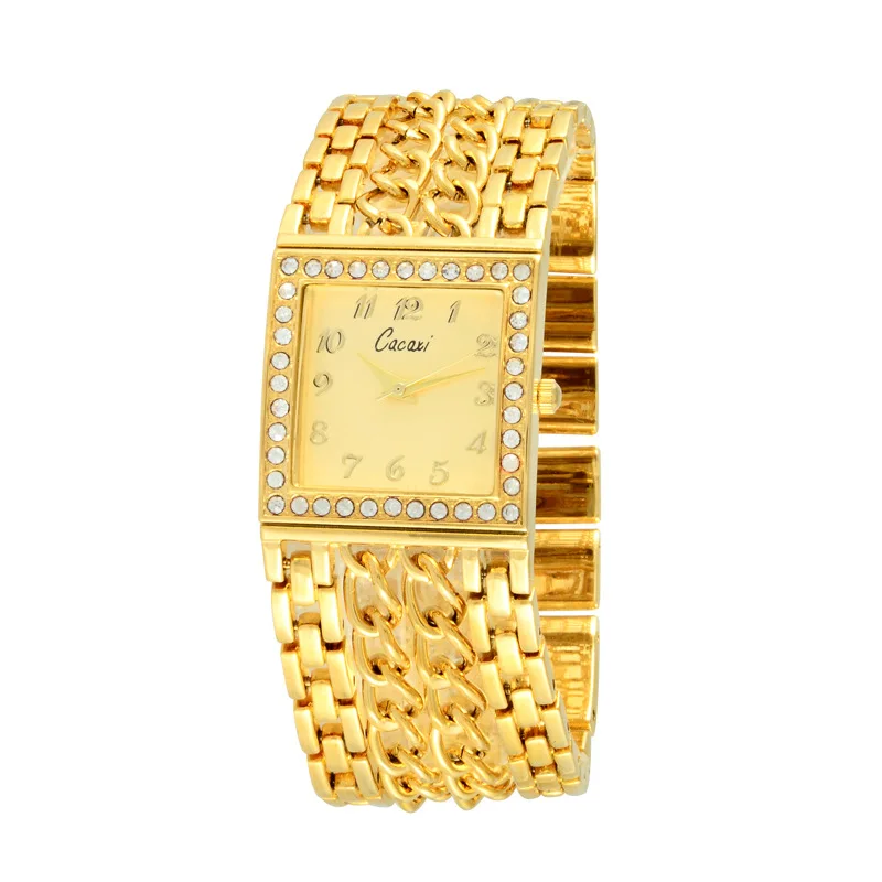 K Ins Vintage Women\'s Square Watch  Gold Chain Watch  Alloy Rhinestone Quartz Watch Jewelry