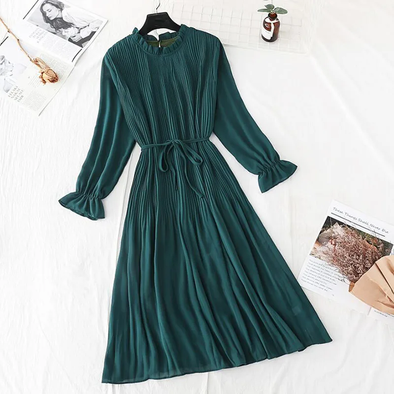 Spring Summer French Vintage Long Dress 2021 Women Elegant Long Sleeve Loose Solid color Chiffon Pleated Dresses Femme Robe