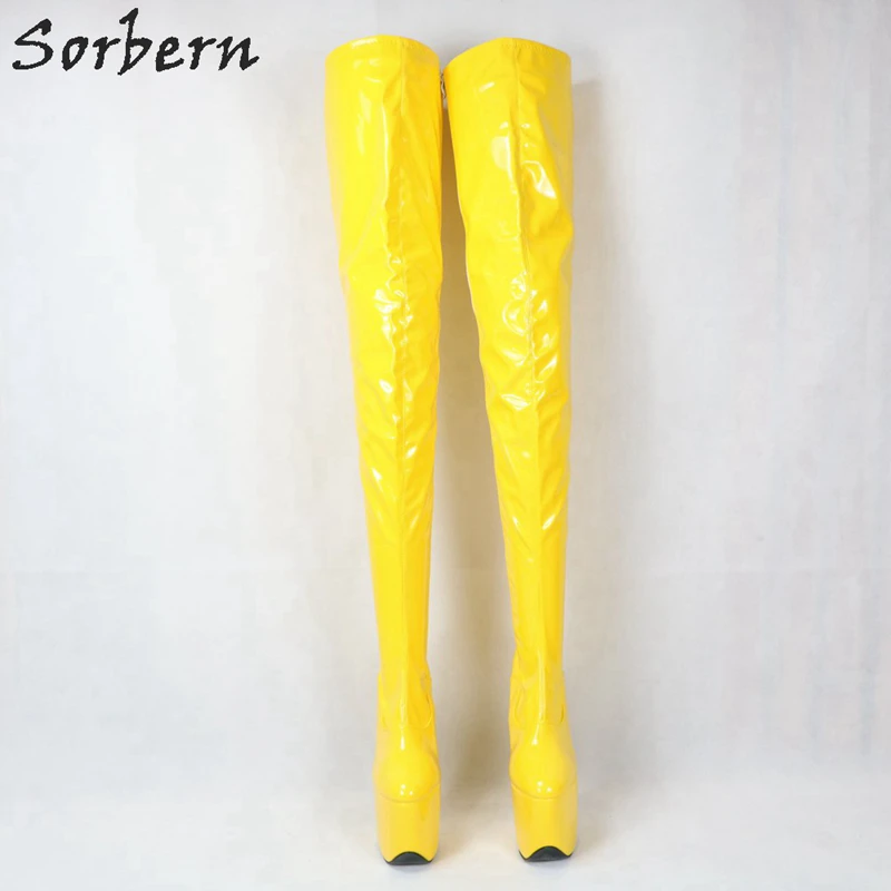 Sorbern Yellow Patent Crotch Thigh High Boots Women Block High Heels Custom Wide Calf Long Boot Platform Chunky Heel Shoes