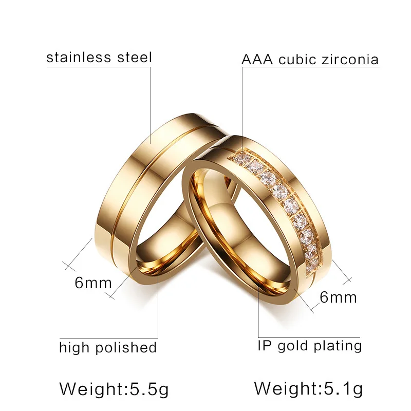 Imagen 4: 1 pieza de anillo chapado en tono dorado y plateado de acero inoxidable de titanio para hombres y mujeres, diamantes de imitación, circonita cúbica, amante, pareja, regalo de joyería para dedo