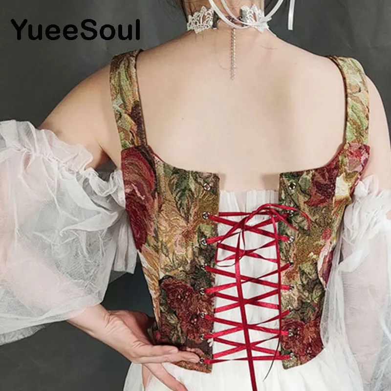 Floral Print Corset Bustier Red Bow Zipper Sleeveless Women Tops 2022 New Vintage Sweet Cute Y2K Aesthetic Fairycore Tank Top