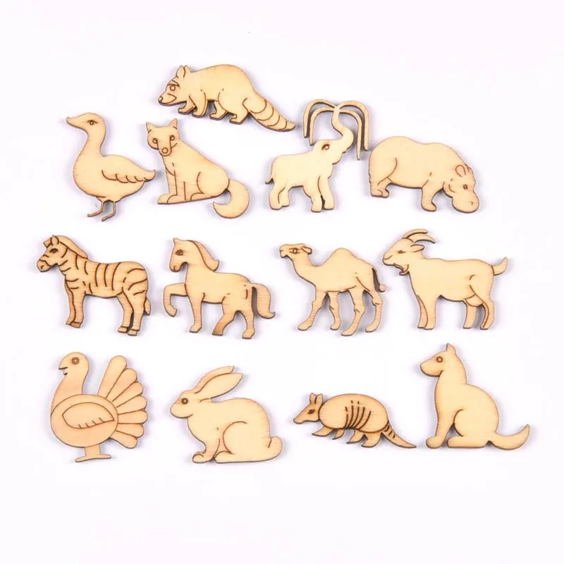 10pcs 30-45mm Random Mixed Animal Pattern Natural Wood Ornaments Diy Scrapbooking Carft For Home Decoration Embellishments m2677