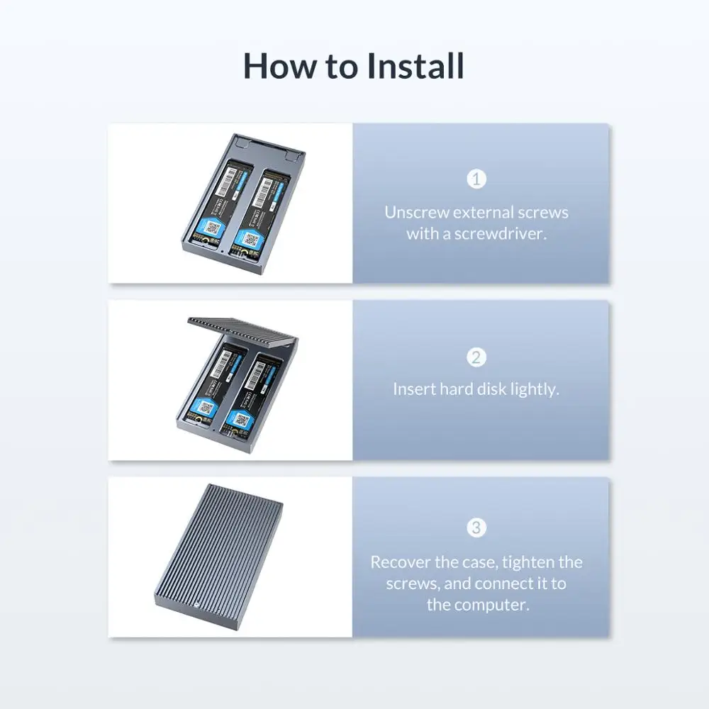ORICO Dual Bay Dual Protocol M2 SSD Case Support M.2 NVME NGFF SATA SSD Disk For M Key & B+M Key SSD W/ 5V4A Power Adapter