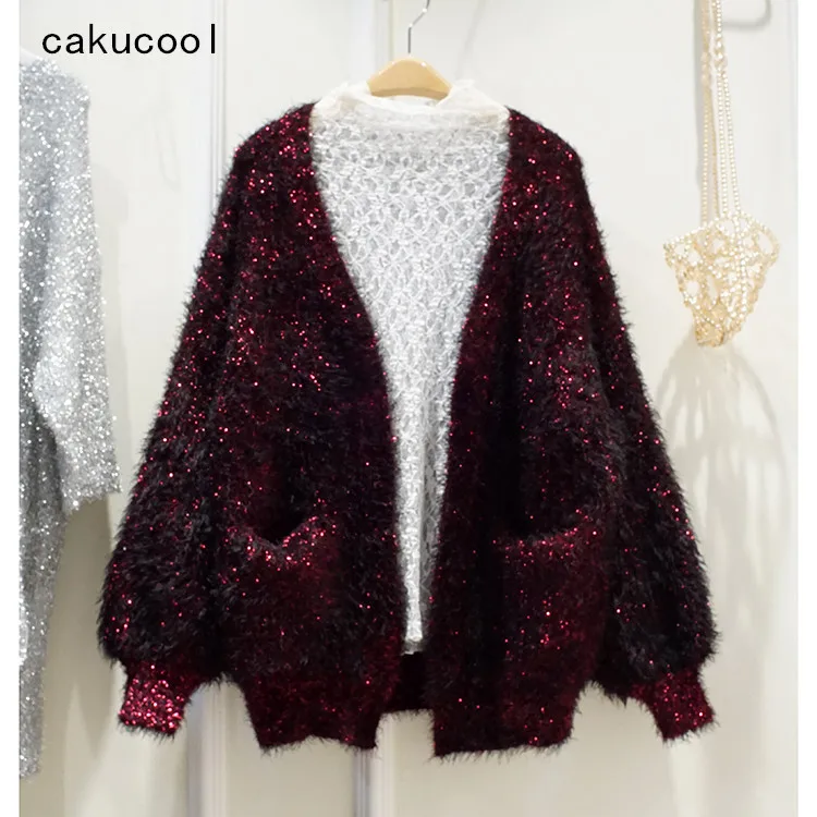 Cakucool Women Bling Lurex Cardigans Long Sleeve Embellish open stitch Outerwear Loose Korea v-neck Sweater red Wine Jumper Lady