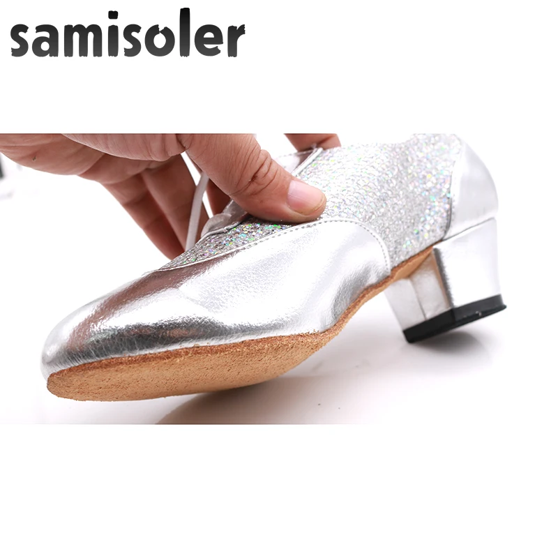 Samisoler  New Cloth Collocation Shine Ribbons Ballroom Fashion Dance Women Latin Dance Competition Shoes