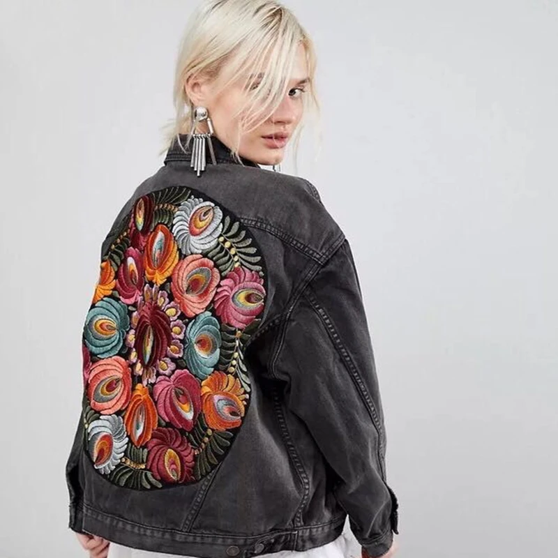 

YAMDI Oversized multi floral Embroidered Denim Jacket vintage loose jacket denim coat women 2020 new autumn winter boho coat