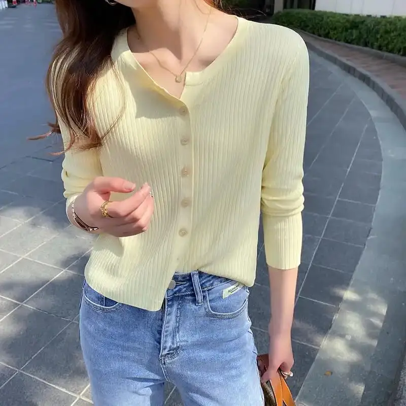 Knitted Sweater Coat Cardigan Women Korean Short Sweater Long Sleeve V Neck Green Blue Air Conditioning Thin Coat Sweater