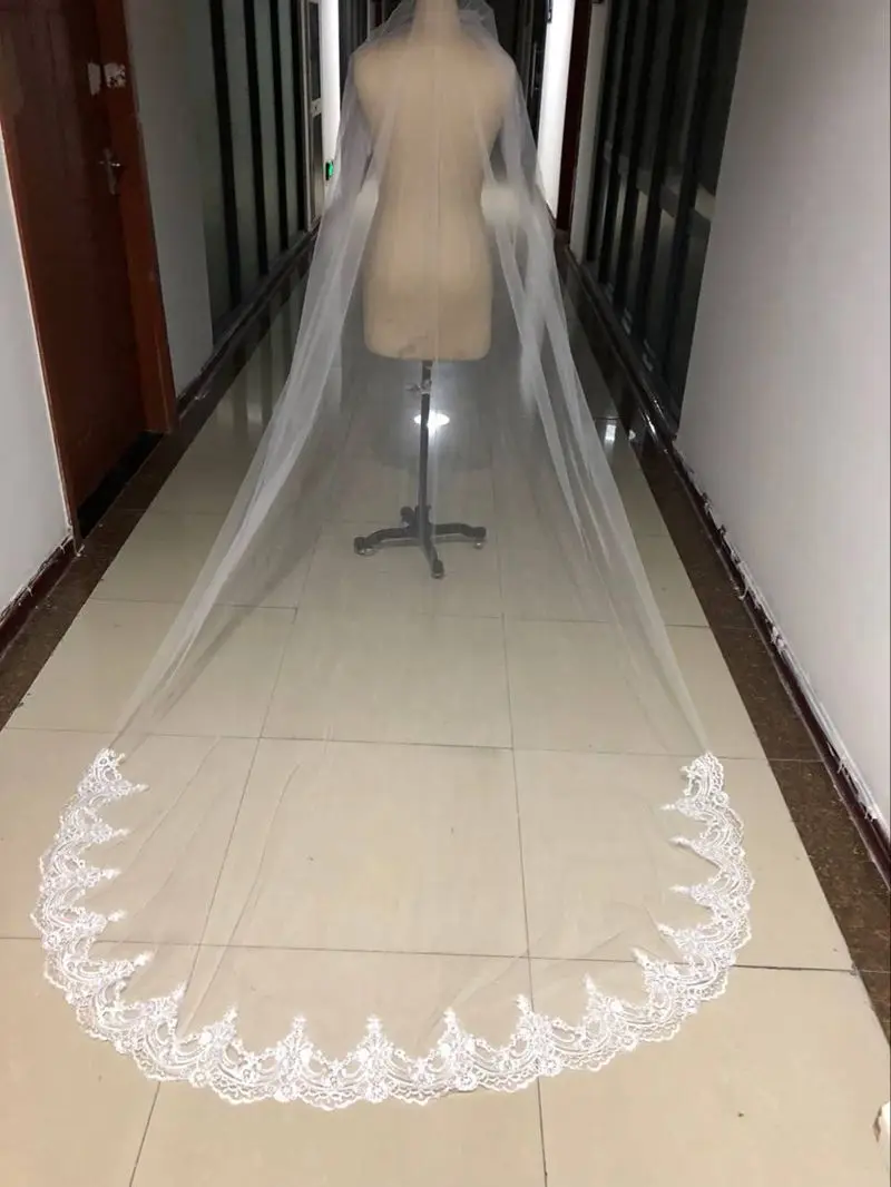 New Arrival White Ivory Cheap Bridal Veil Lace Appliques 3 Meter Long Wedding Veils Novia accesorios Bride Casamento