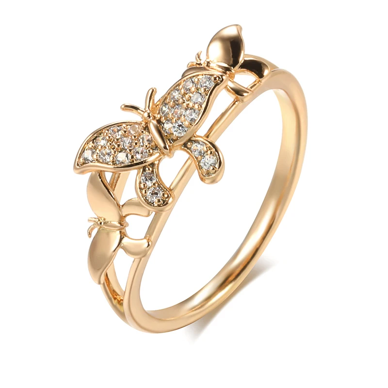 Trendy Butterfly Rings Glossy 585 Rose Gold Women Micro Inlay Zircon Ring Gold Plated Bling Engagement Wedding Jewelry Gift