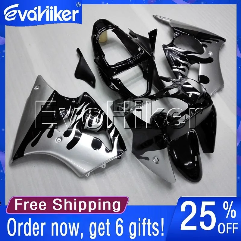 

Custom motorcycle cowl for ZX6R 2000 2001 2002 silver flames ZZR600 05 06 07 08 motorcycle fairing Injection mold+gifts