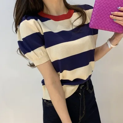 2022 Summer Korean Knitted Striped T Shirts Tops Women Short Sleeve O-neck Casual Fashion Female Tees Pullovers T-shirts