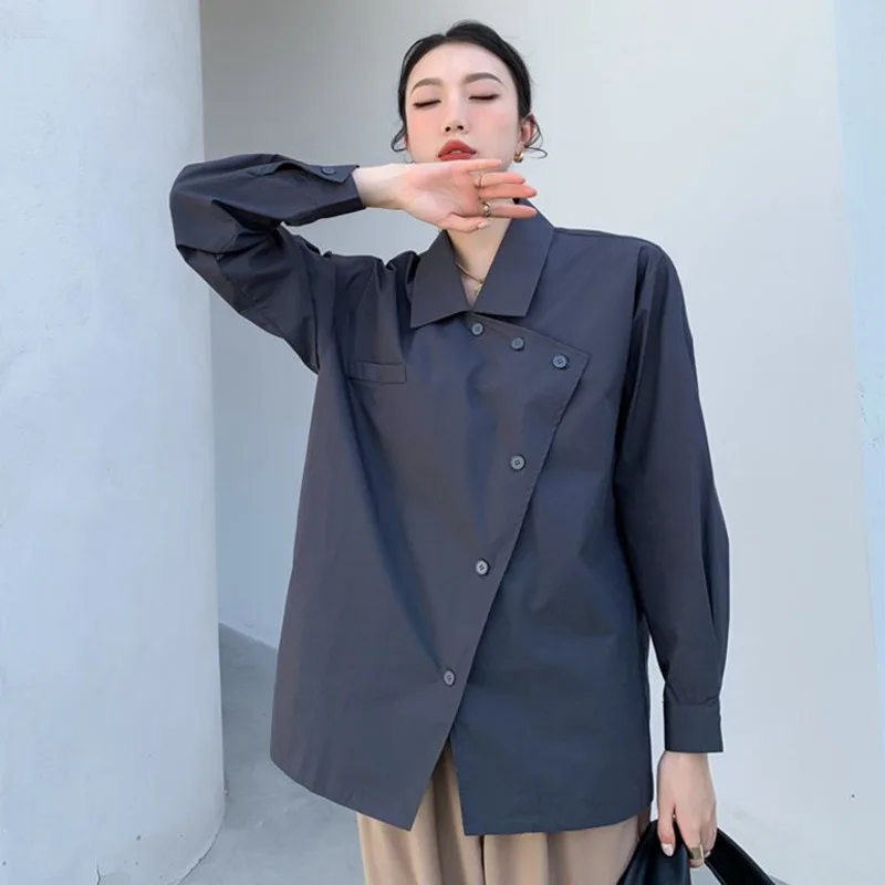 

Elegant Blouse Long Sleeve Irregular Shirt Ladies Top Casual Solid Color Single-Breasted Women Streetwear Blouses C645