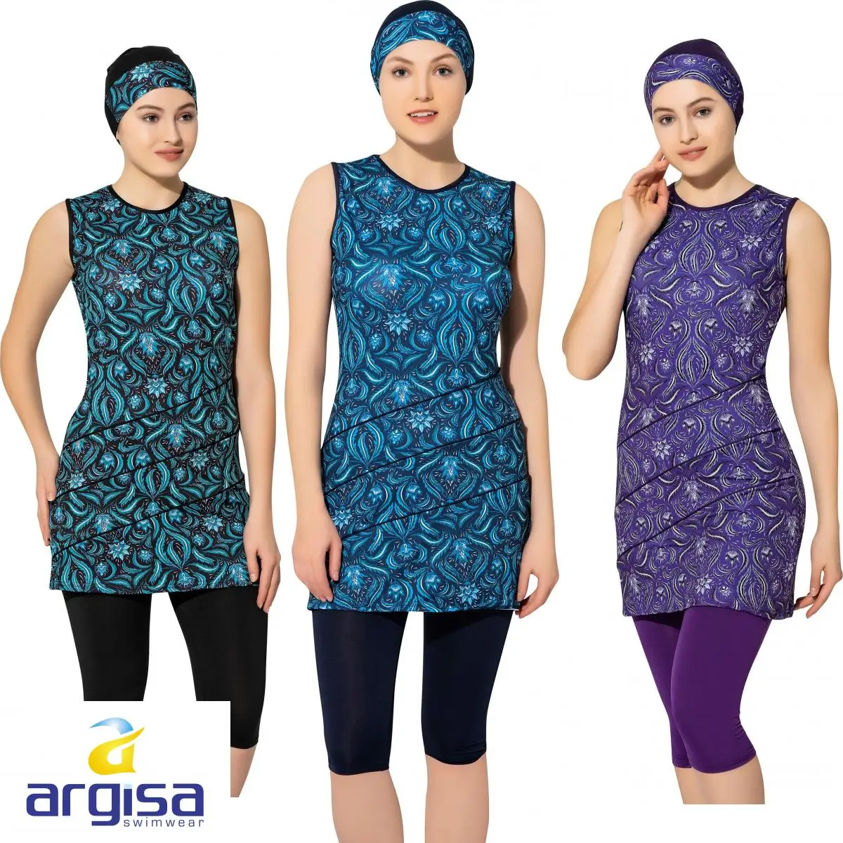 

Argisa 7510 Halter Sleeveless Ethnic Patterned Semi Burkini Muslim Swimwear 36-52 Plus Size Hijab Islamic Swimsuit Turkey Women