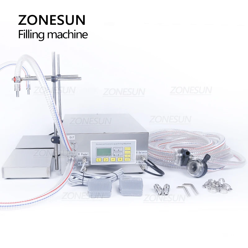 ZONESUN ZS-DP622W Semi Automatic Weighing Filling Machine Hand Sanitizer Perfume Shampoo  Double Nozzles Water Bottle Filler