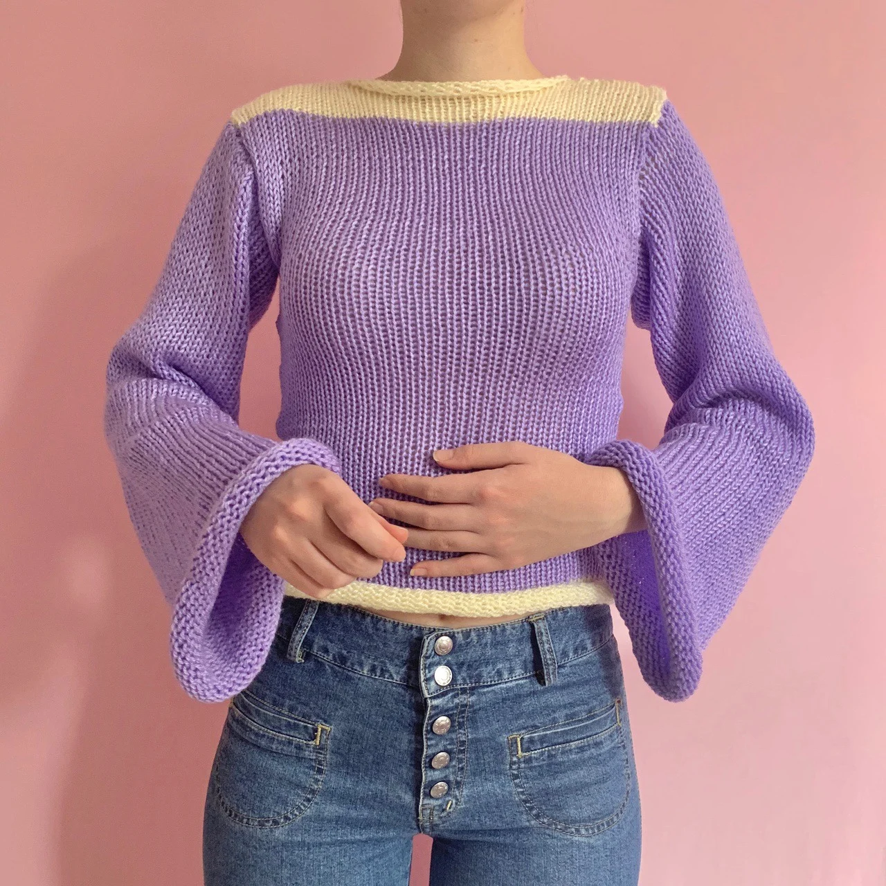 Y2k Women Long Sleeve Crop Top Crochet Knit Color Block Pullover Jumper Tops Loose Patchwork Shirts 90S Streetwear