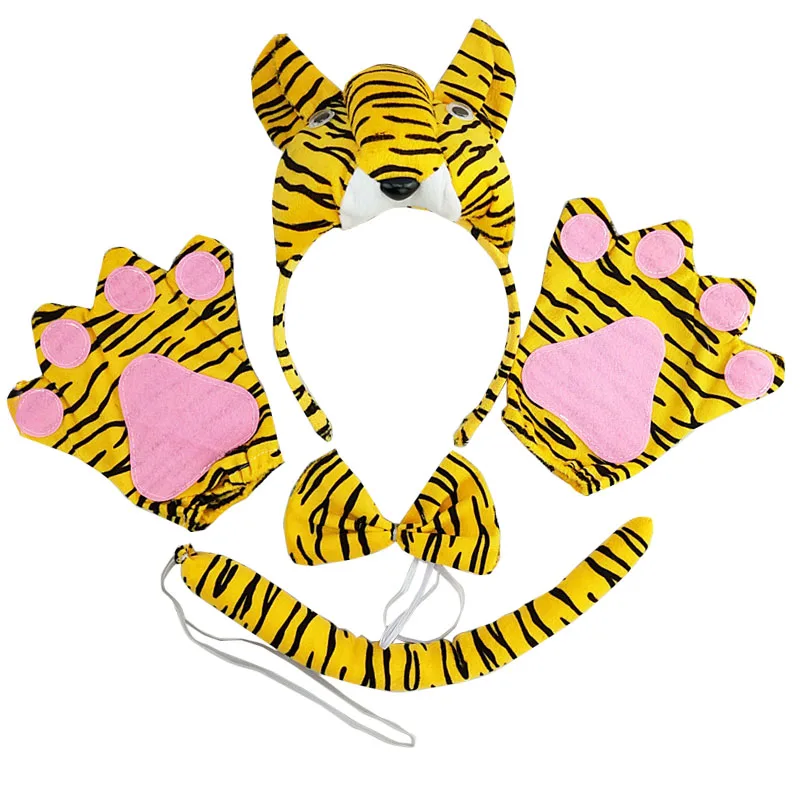 4Pcs Kids Rabbit Ears Decoration Boy Cow Tiger Pig Panda Animals Cosplay Props Gifts Girls Halloween Party Tie Tail Sets Costume