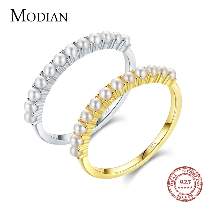 MODIAN 925 Sterling Silver Elegant Small Round Pearl Finger Rings For Women Gold Color Fashion Fine Jewelry Anniversary Gift