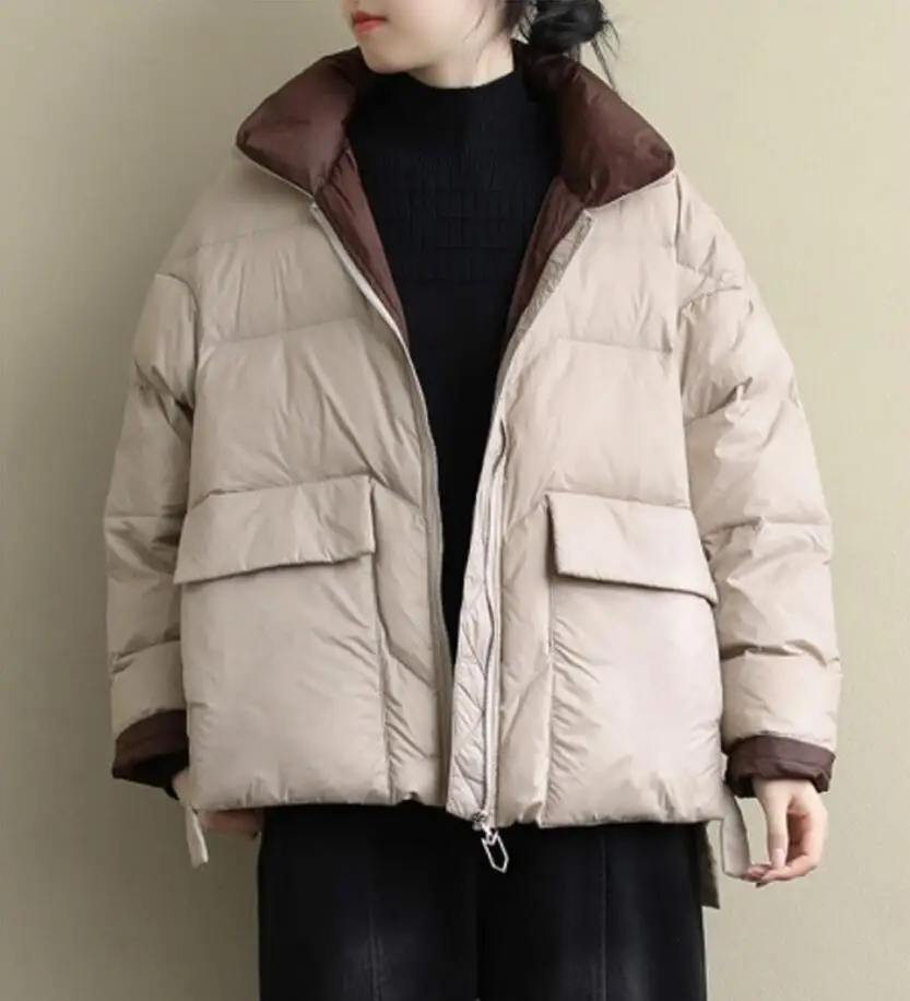 2021 New Autumn Winter Oversize Duck Down Coat Women Thick Short Casual Fashion Pockets Puffer Jacket Parkas q435