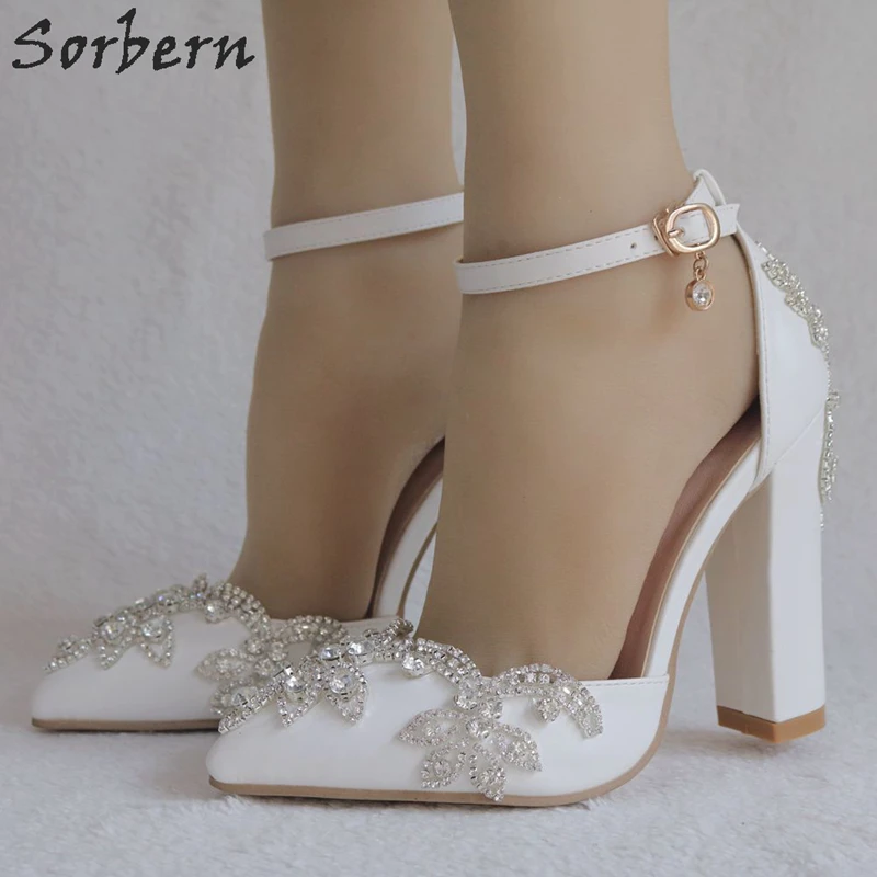 Sorbern-zapatos de tacón alto con cristales para mujer, calzado con punta puntiaguda y correa en el tobillo, tacones de dos piezas con diamantes de imitación, para novias