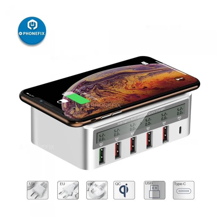 PHONEFIX Multiport Quick USB Charger Station LCD Display With Wireless Charging USB Hub Type C Charger Station