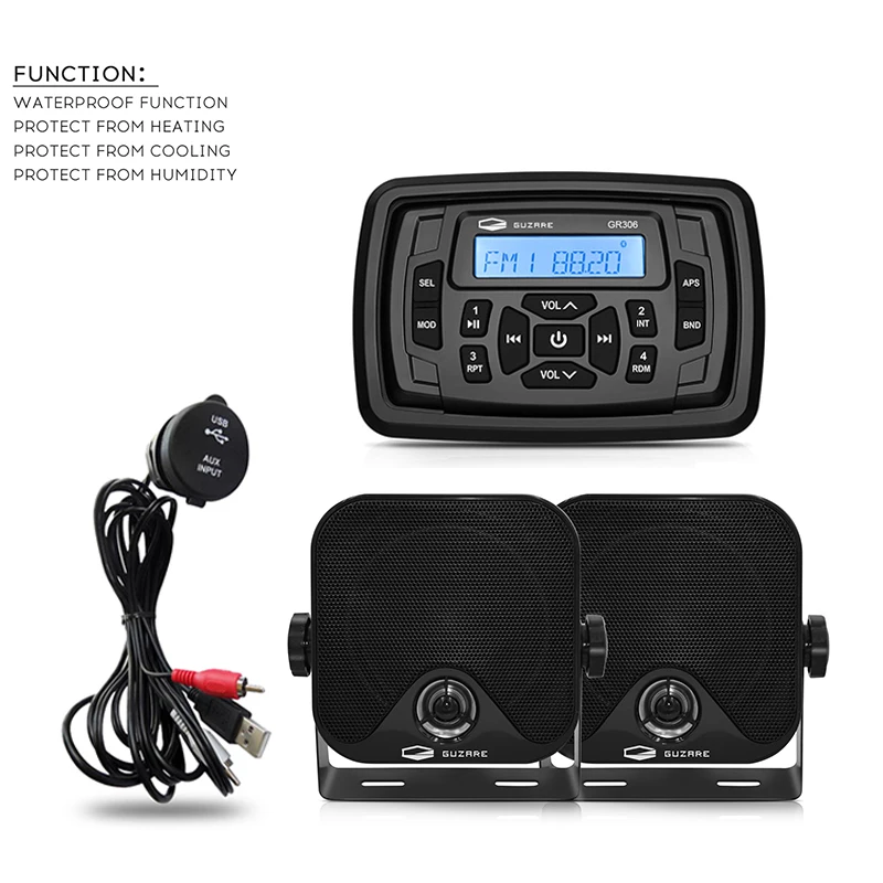 

Waterproof Marine Stereo Audio Bluetooth Radio Receiver Car MP3 Player+4" Marine Speakers+USB Cable For RV ATV Boat Motorcycle