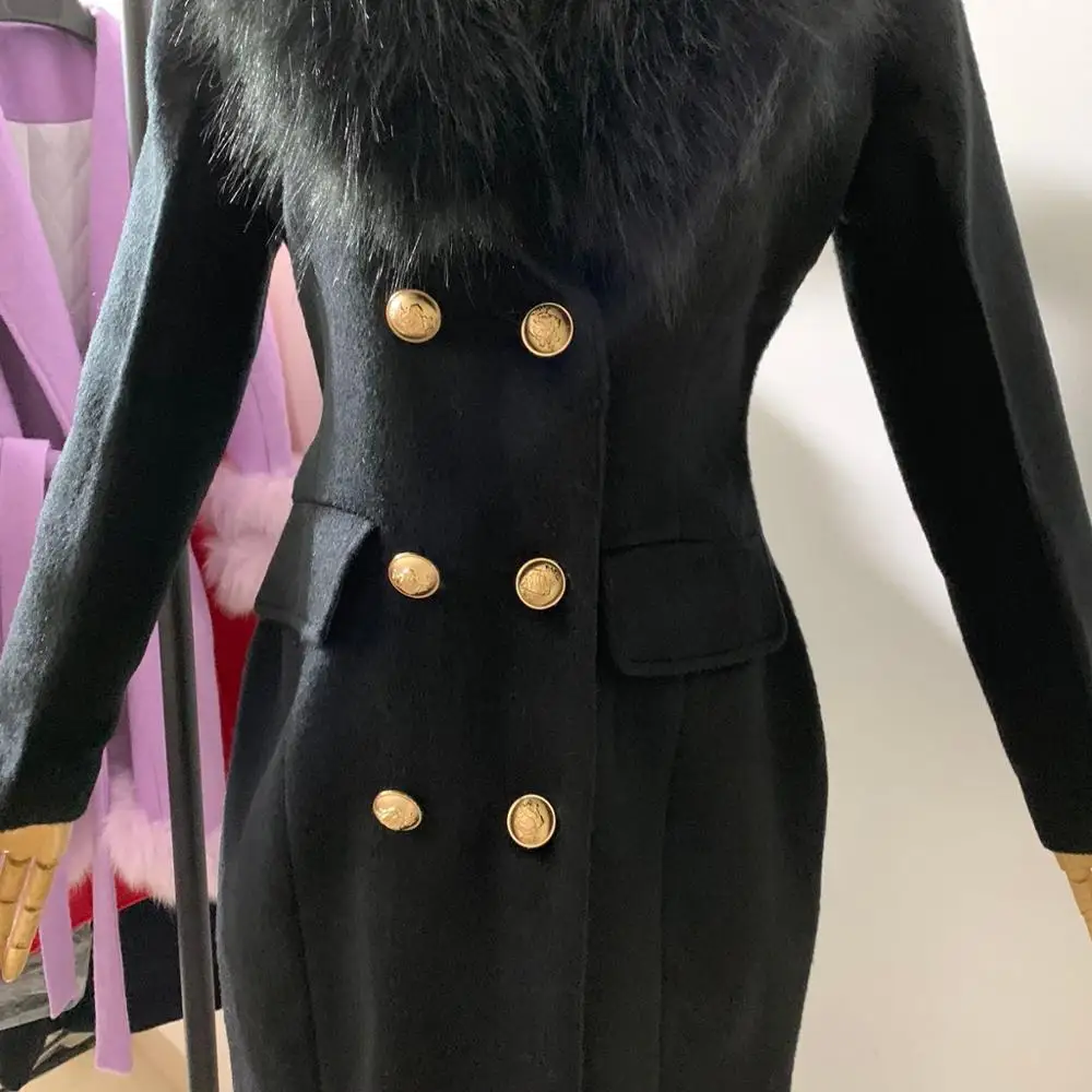 Inverno moda donna cappotto di lana alta imitazione grande collo di pelliccia di volpe cappotto di cashmere nero femminile doppio petto slim outwear