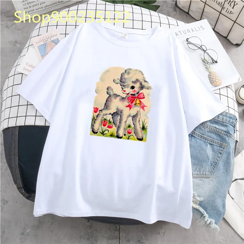 

Vintage Lamb T-shirt Women Printed Cute Cartoon Clothes Tops Tee Casual Women Goth Shirts Summer Aesthetic T-shirts Female