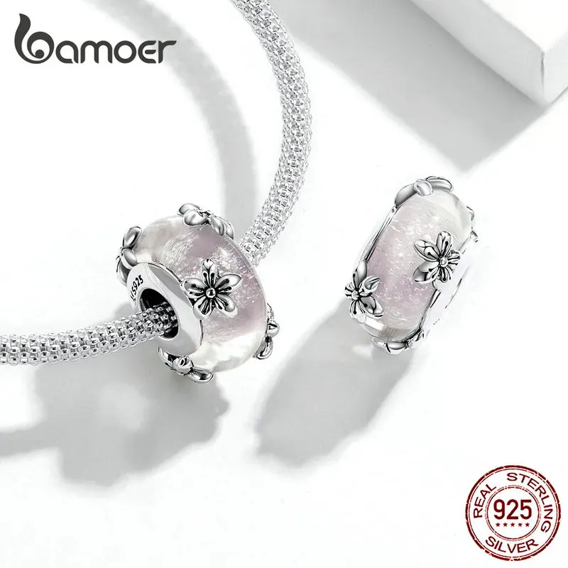bamoer Vintage Flower Handmade Murano Beads for Women Origianl Silver Bracelet Glass Charm 925 Sterling Silver Jewelry SCC1302