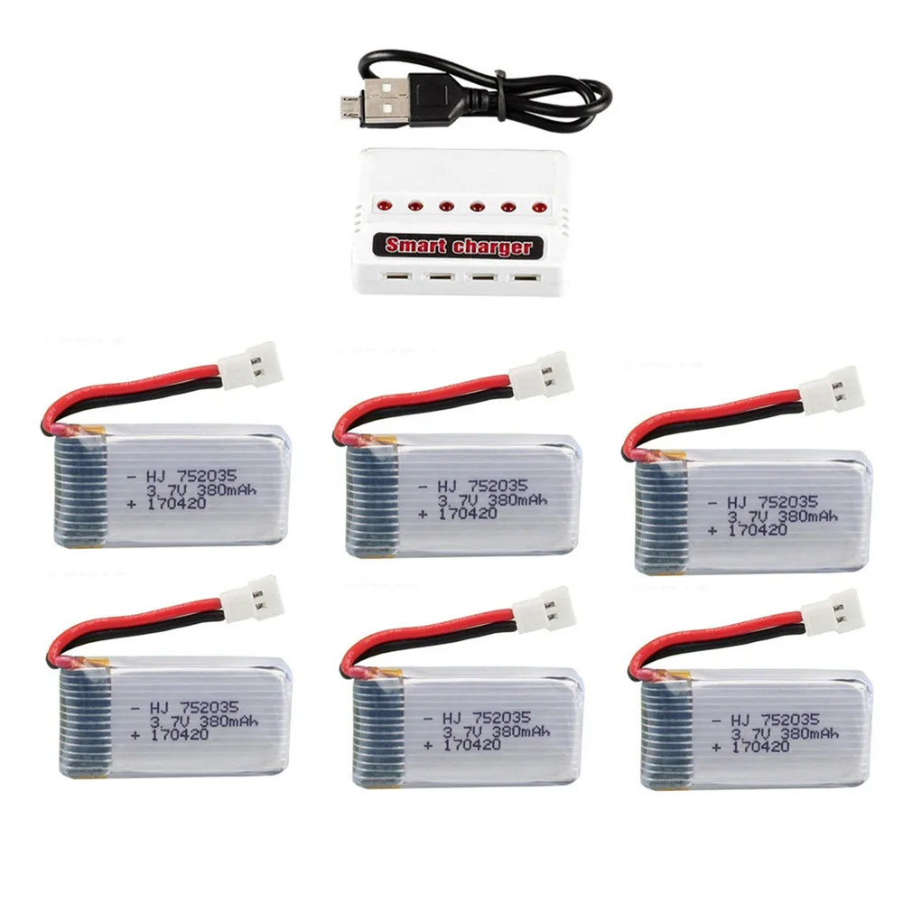 3.7V 380mAh LiPo แบตเตอรี่และ 6 IN1 Charger สำหรับ Hubsan X4 H107 H107L H107D JD385 JD388 RC อะไหล่เฮลิคอปเตอร์ 752035 แบตเตอรี่