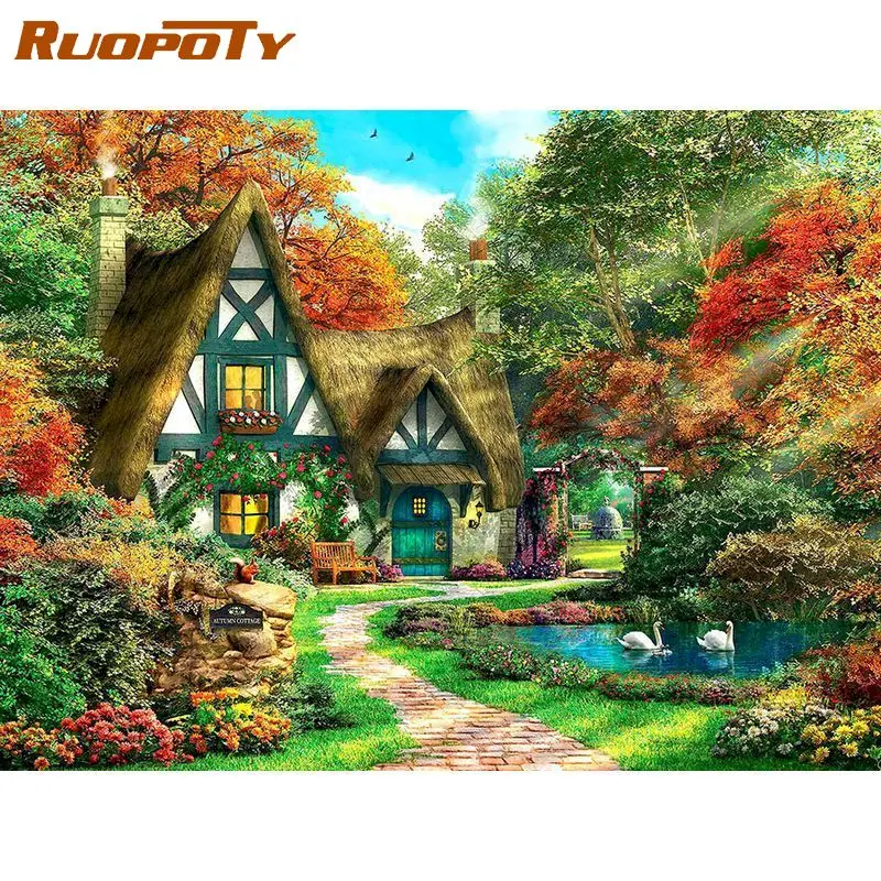 

RUOPOTY 60x75cm Garden House Frame DIY Painting By Numbers Landscape Handpainted Oil Painting Canvas Colouring Wall Decor