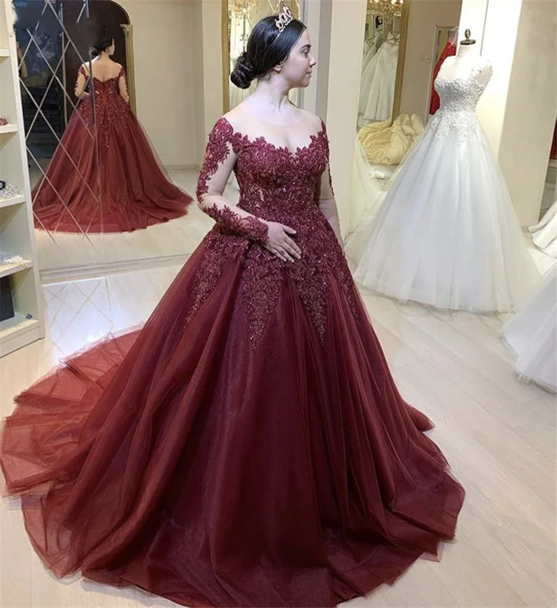 

ANGELSBRIDEP Long Sleeves Wedding Party Dress Formal Appliques Court Train Vestido De Noiva Formal Evenig Gowns Lace-up