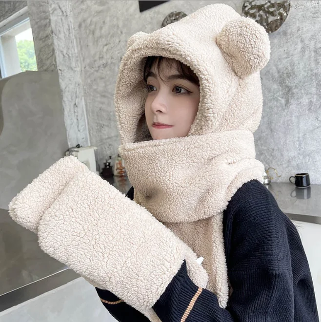 Little Bear Hat Scarf Autumn Winter Scarf Female Hat Scarf Gloves One Cartoon Cute Warm Plush Girl Fashion Pink