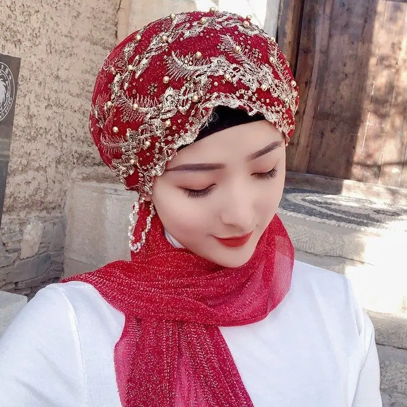 Embroidery Hot Drilling Women\'s Cap Ready to Wear Hijab Scarf Muslim Turban Hijab Retro Head Wraps