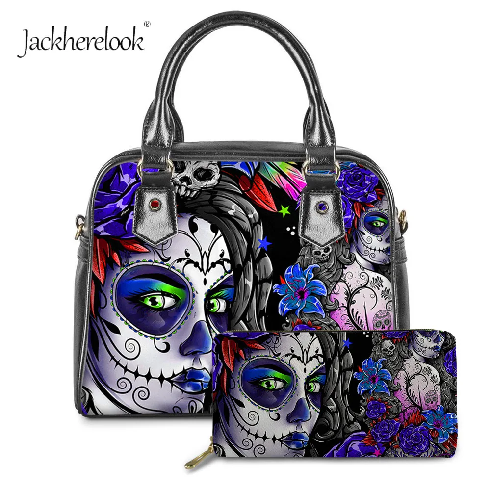 

Jackherelook Poppy Floral Skull Day of the Dead Design Women 2pcs/Set Tote Bag with Purse Trendy Female Crossbody Bag Pu Handbag