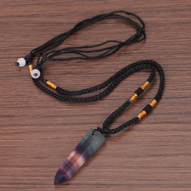 Natural Rainbow Fluorite Pendant Necklace For Women Single Point Hexagonal Prism Pendant Striped Crystal YOGA Necklace