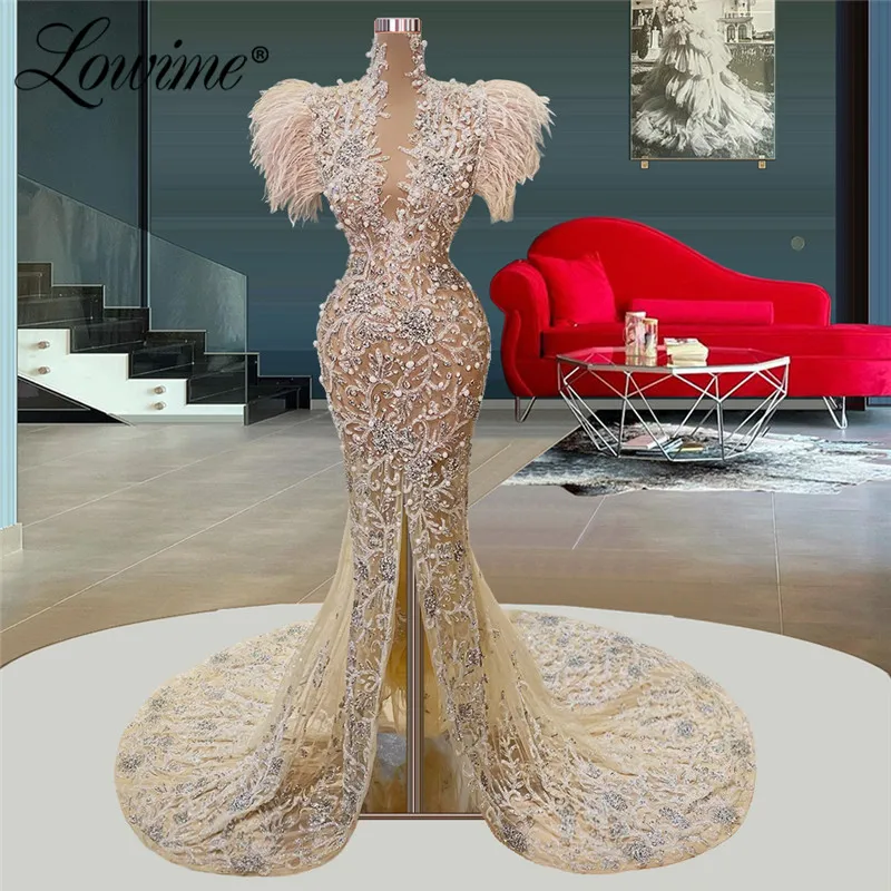 

Lowime Light Champagne Pearls Long Evening Dresses Robes Feathers Capped Sleeves Mermaid Party Gowns For Weddings Prom Dresses