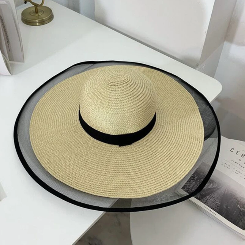 2021 New Sun Hats for Women Girls Wide Brim Floppy Straw Hat Summer Bohemia Beach Cap Ribbon Chapeau Black