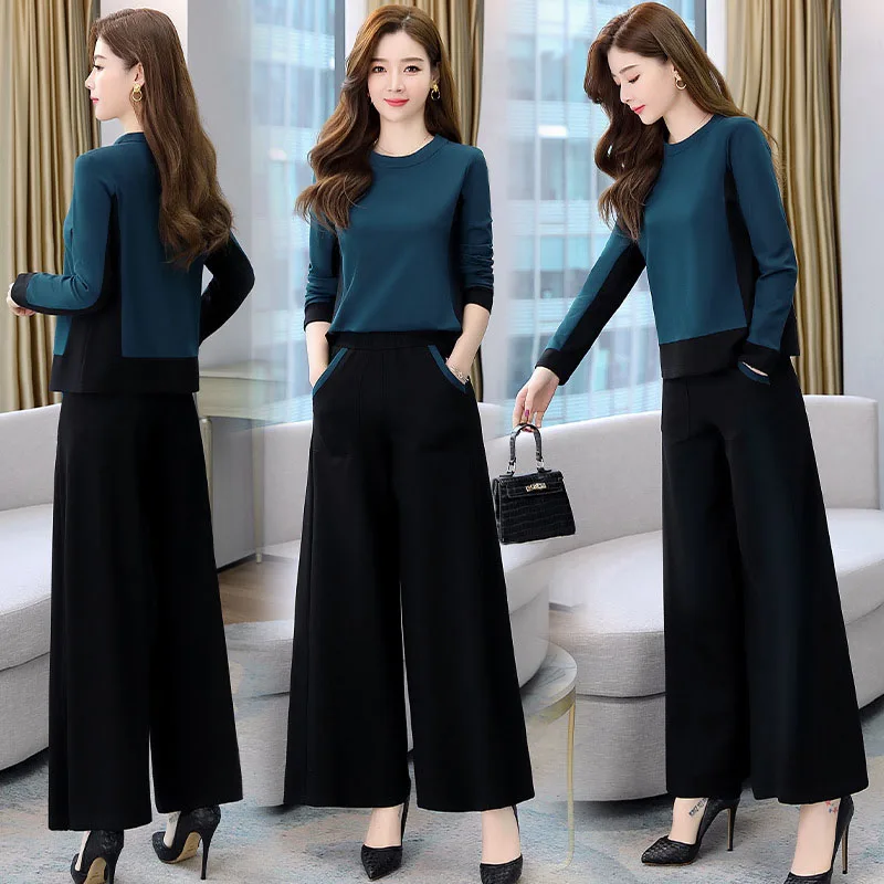 Fashion New 2022 Women's Suits Spring Autumn Casual Tops & Wide leg pants Elastic Waist Long pants Two Piece Sets Female